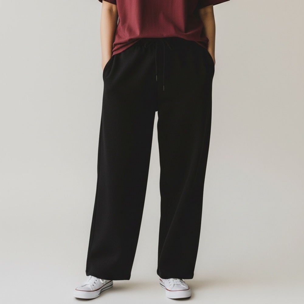 Automet Women's Wide Leg Sweat Pants Black Drawstring Inseam 26” Short Size L